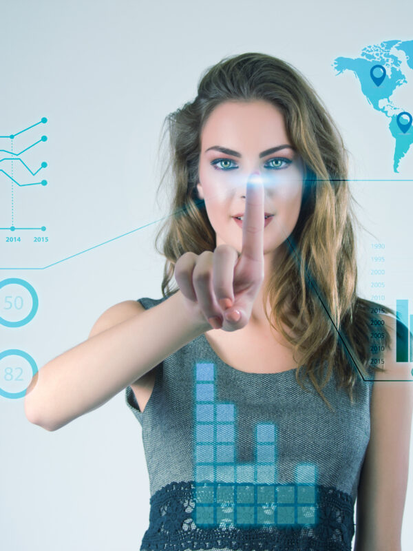 Businesswoman working with modern virtual technologies hands touching the screen