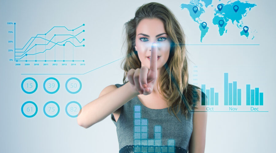 Businesswoman working with modern virtual technologies hands touching the screen